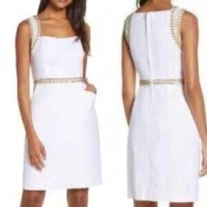 Lilly Pulitzer white cocktail dress with gold accents engagement rehearsal dress